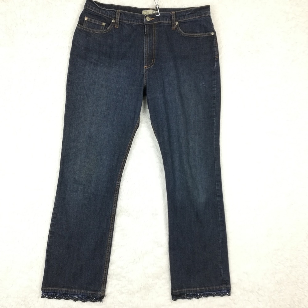 Lena Jeans Womens Boot Cut‎ Beaded Hem Blue Denim Dark Wash High Rise 14